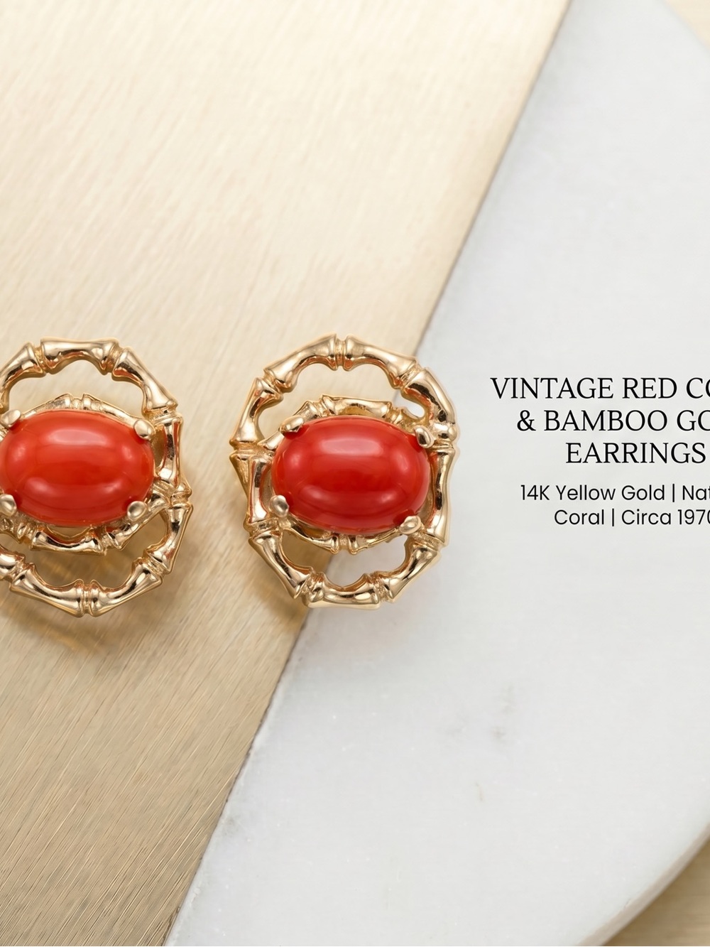 Vintage Estate Solid 14k Yellow Gold Orange Coral Bamboo Earrings! - Picture 9 of 9